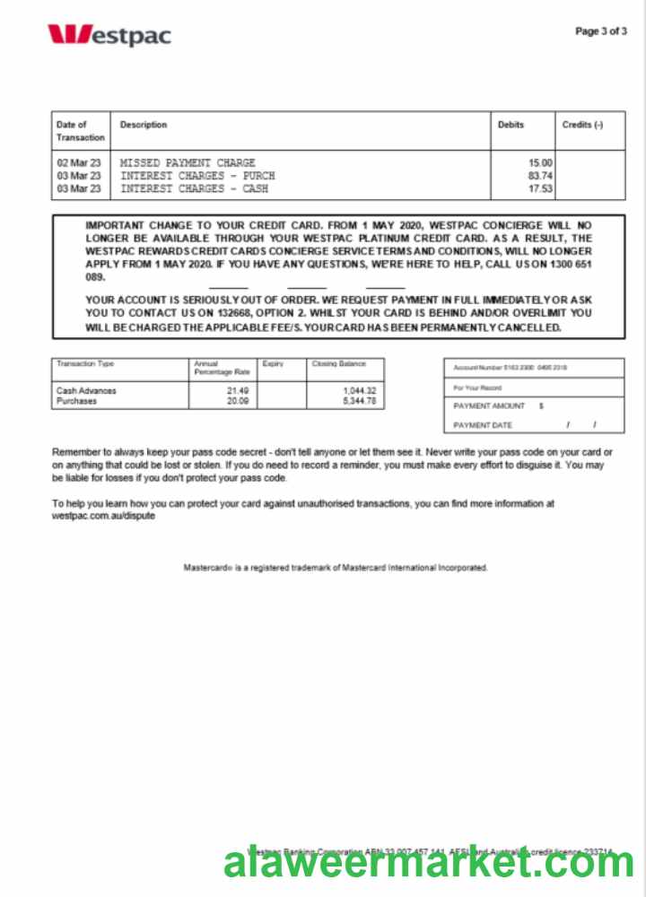 Australia Westpac bank statement Word and PDF template, 3 pages 3